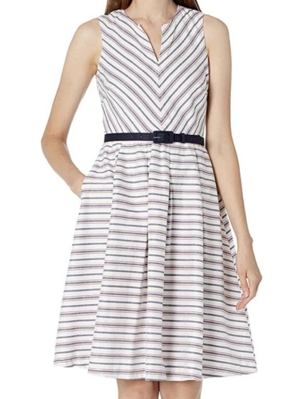 Karl Lagerfeld Paris Striped Belted Fit & Flare Dress – Size 4